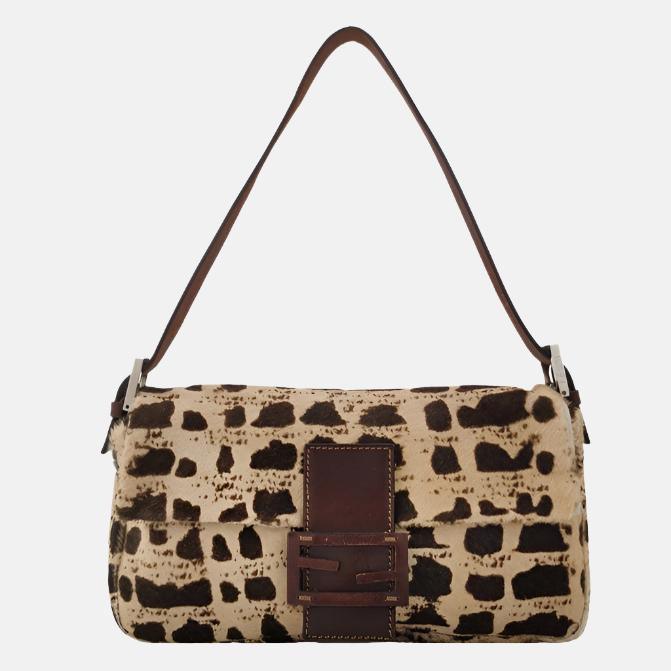 Fendi Baguette Pony-style Calfskin Leather Brown Printed on Beige