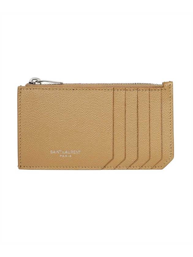 Luxury Saint Laurent Trending 2026 Logo Print Pebbled Leather Card Wallet Brown