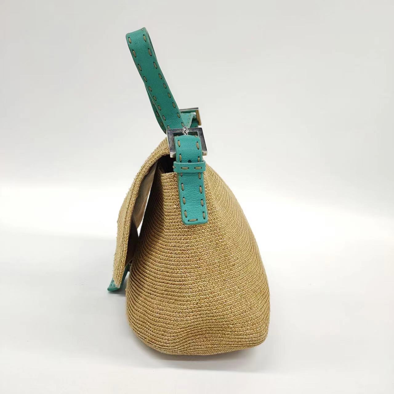 Fendi Mamma Baguette Raffia Straw with Blue Leather