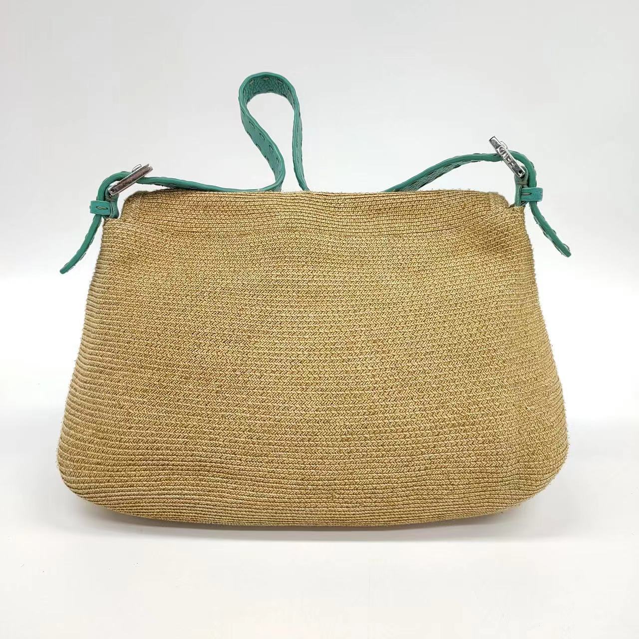 Fendi Mamma Baguette Raffia Straw with Blue Leather
