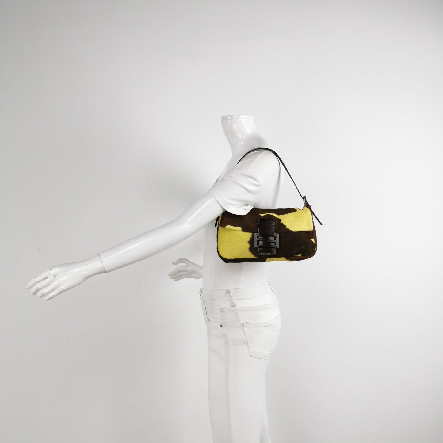 Fendi Baguette Pony-style Calfskin Leather Shoulder Bag in Yellow Cow Print