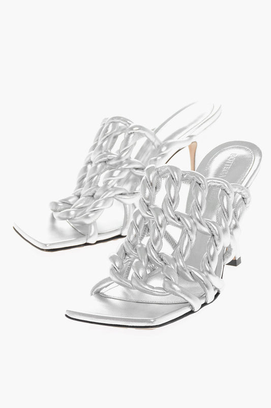 Luxury Bottega Veneta Lamé Woven Leather Sandals With Spool Heel 10Cm