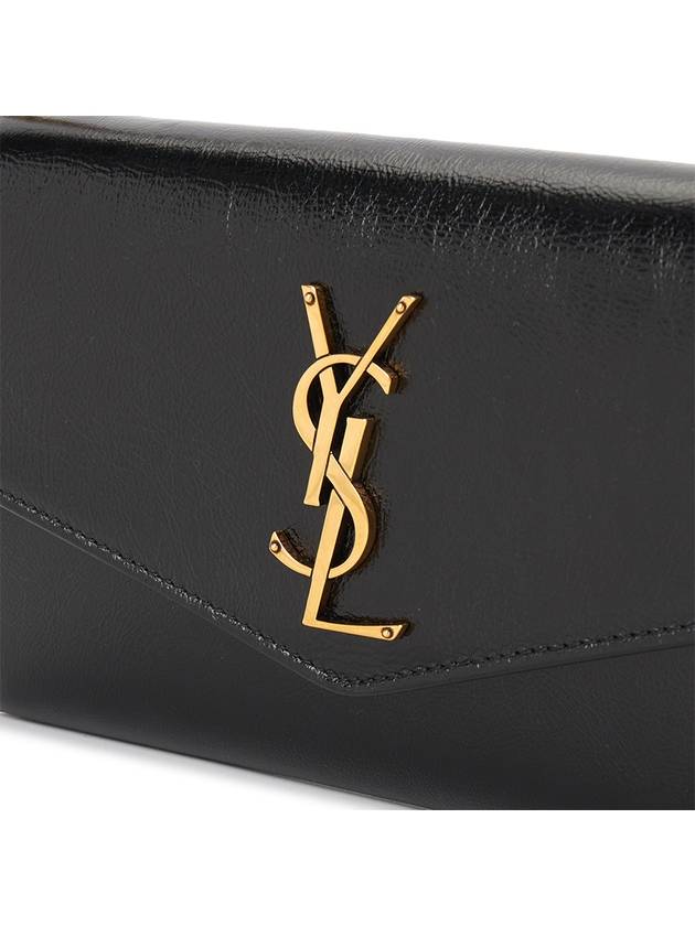 Luxury Saint Laurent Trending 2026 Uptown Shiny Grained Leather Chain Wallet Black