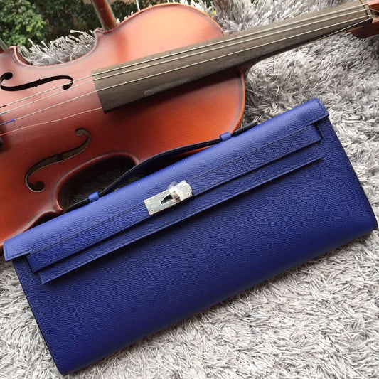 Luxury Hermes Blue Handcrafted Kelly Cut Clutch