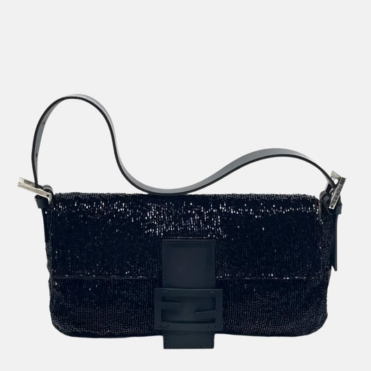 Fendi Baguette   Black Glitter Beads Shoulder Bag