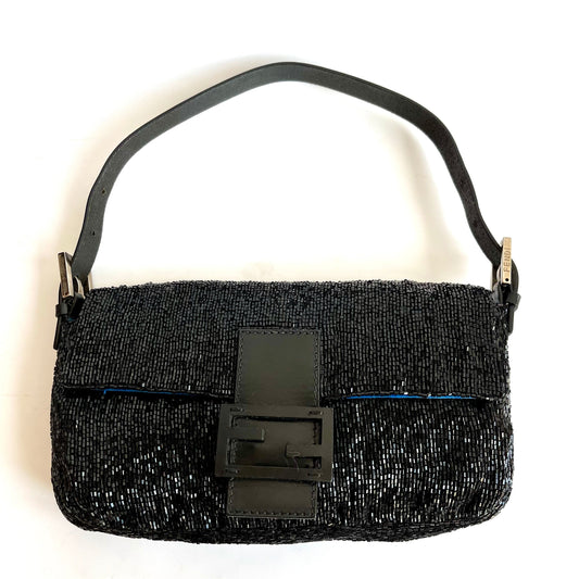Fendi Baguette   Black Glitter Beads Shoulder Bag Blue Silk Interior