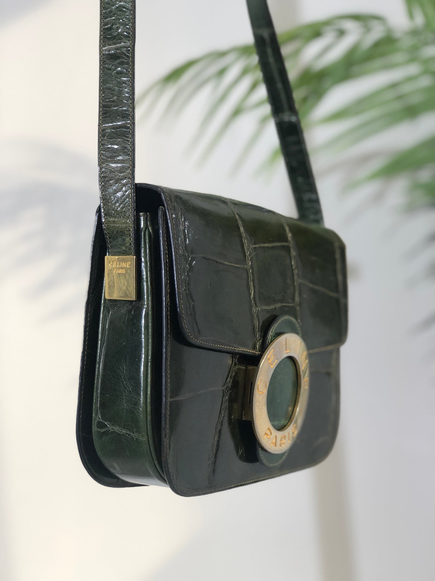 CELINE Circle Logo Crocodile Crossbody Leather Shoulder bag Green