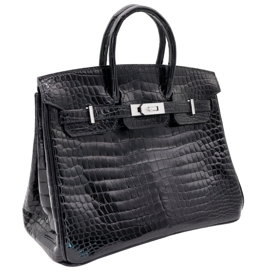 Hermes25cm Birkin Black Shiny Porosus Crocodile Diamond Hardware