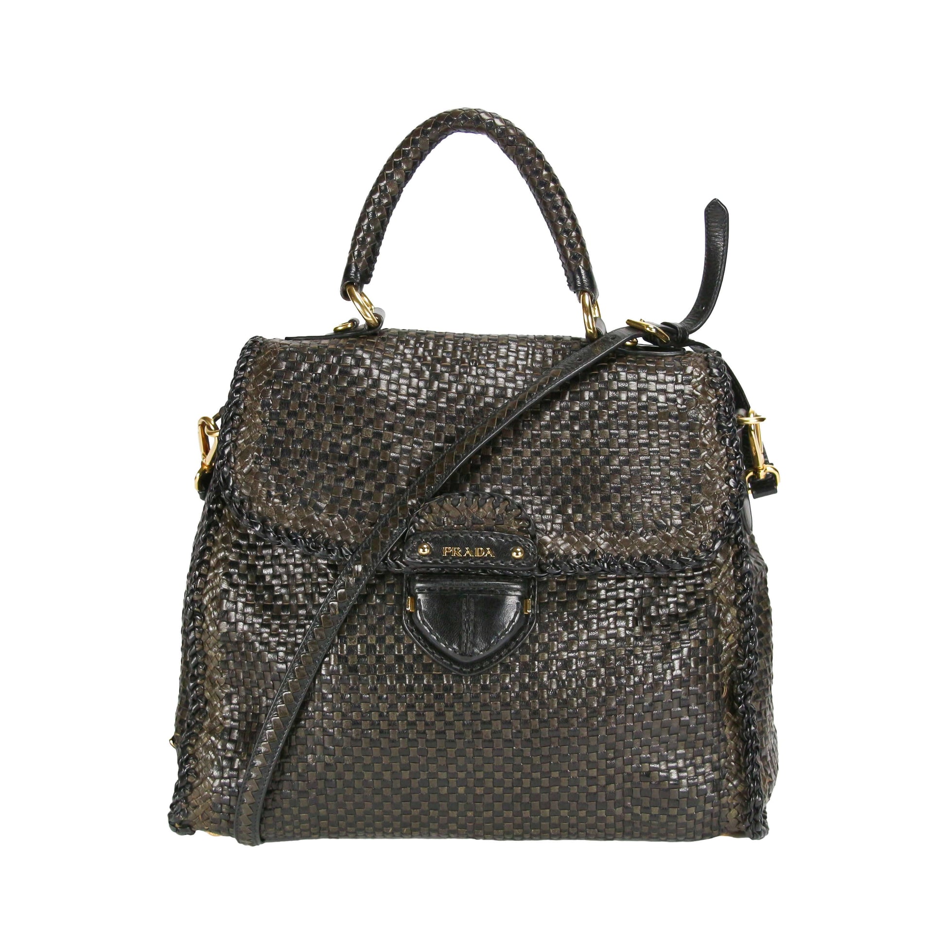 Prada Madras Woven Black/Khaki Goatskin Luxury Handbag