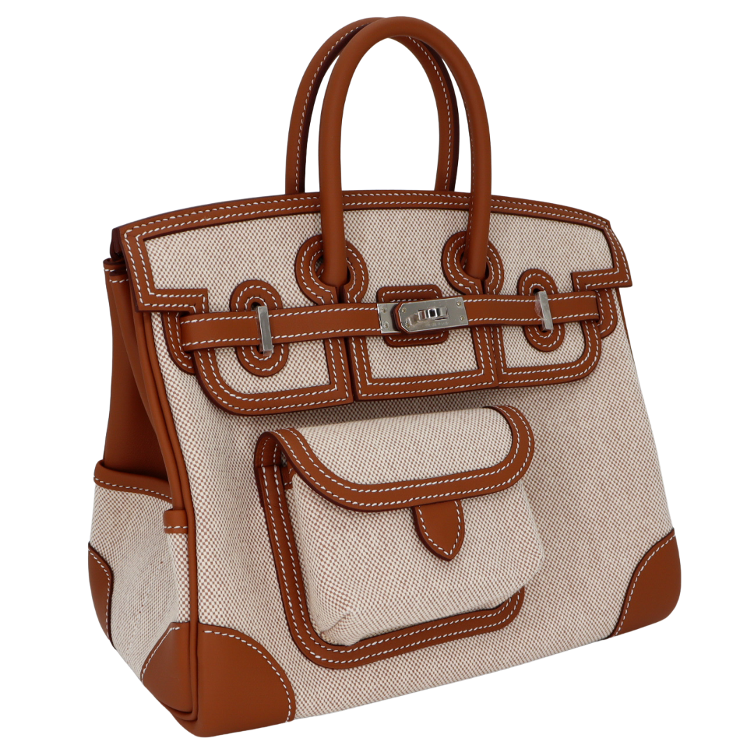 Hermes25cm Birkin Cargo Ecru/ Gold Canvas/ Swift Leather Palladium Hardware