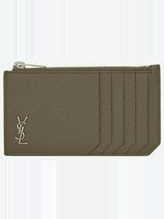 Luxury Saint Laurent Trending 2026 Men's Cassandre Logo Plaque Cardholder in Kaki Fonce | 629899DTI0E2952