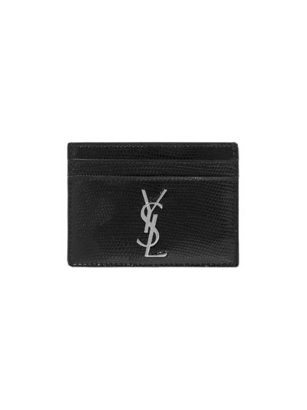 Luxury Saint Laurent Trending 2026 Monogram Lizard Effect Glossy Leather Card Holder Black Silver
