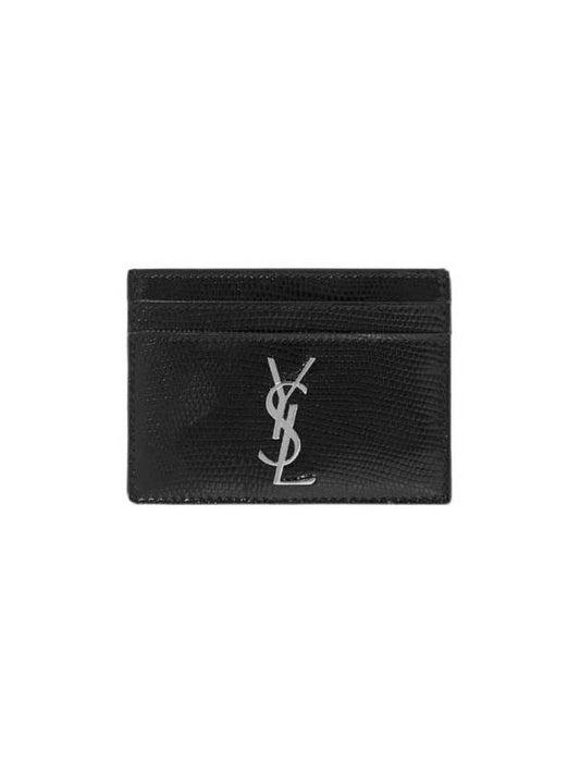 Luxury Saint Laurent Trending 2026 Monogram Lizard Effect Glossy Leather Card Holder Black Silver