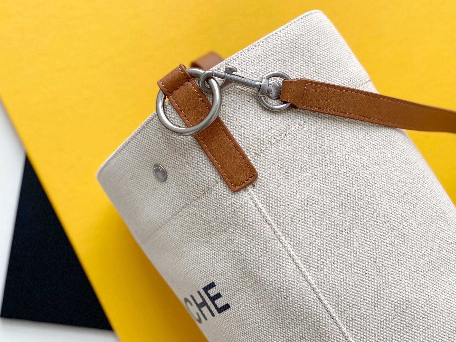 Yves Saint Laurent Rive Gauche Bucket Bag In Linen With Brown Strap