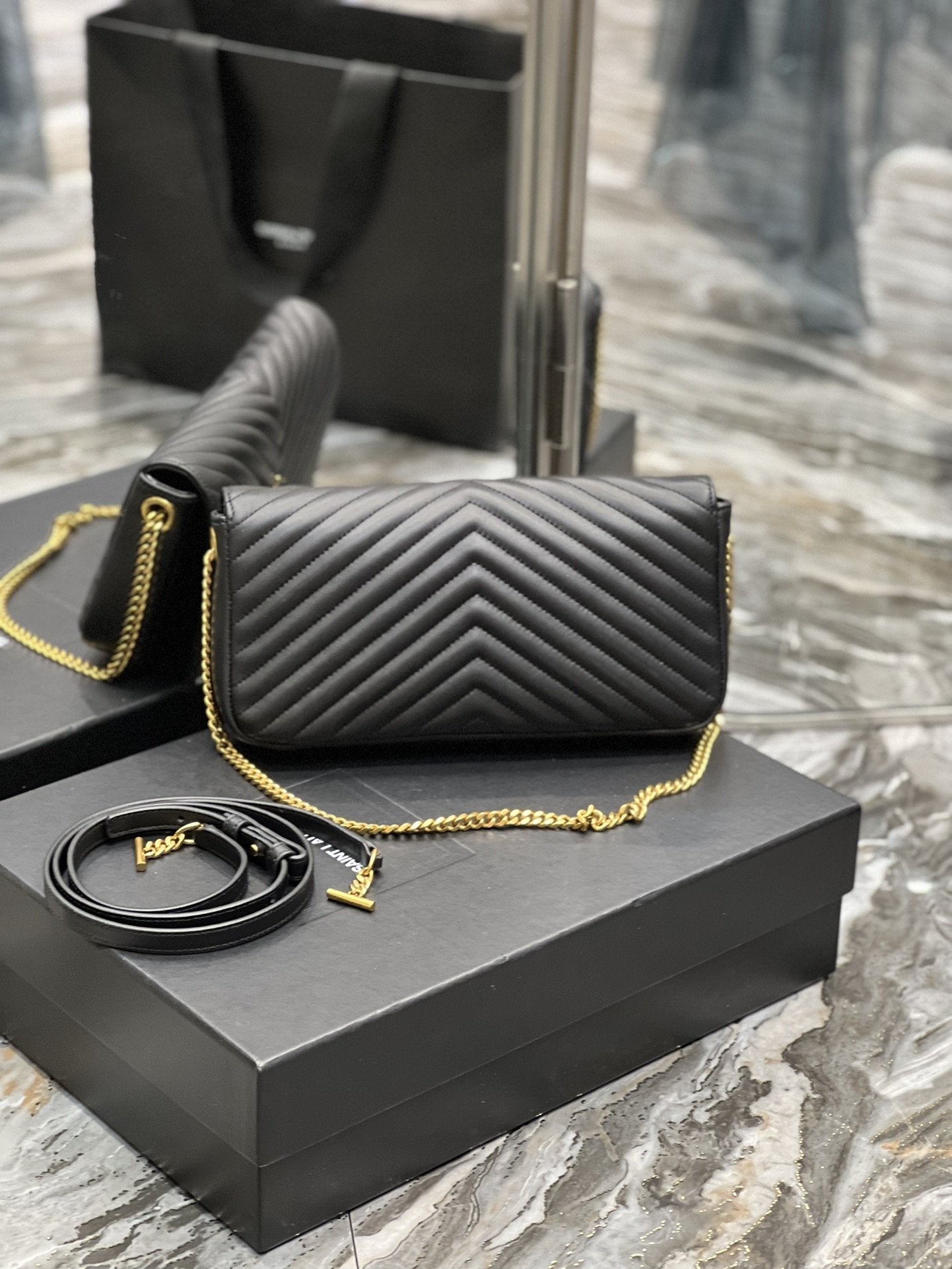 Yves Saint Laurent Kata Chain Bag Black With Gold Hardware.2in/