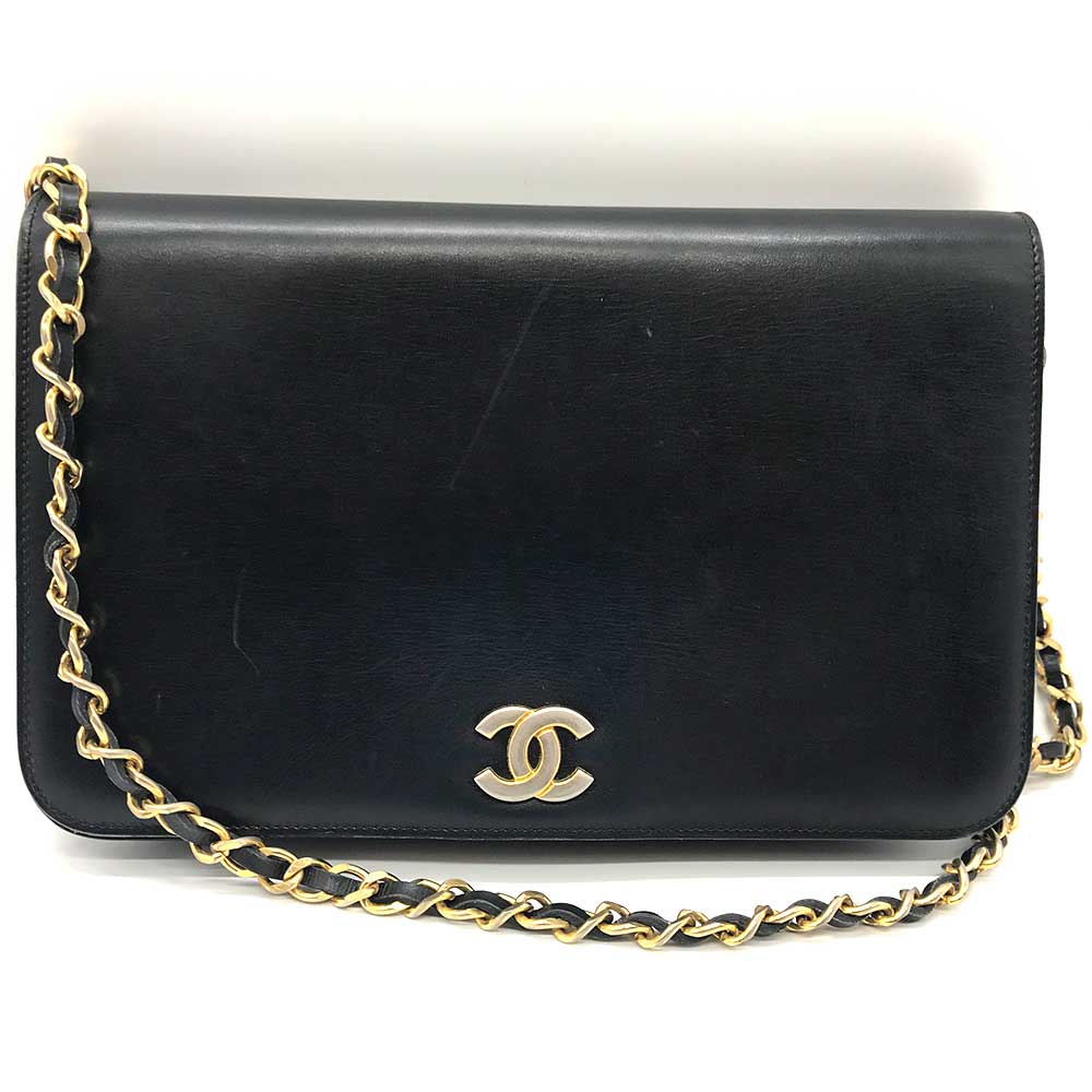 Chanel Leather Chain Shoulder Bag Black Gold Classic Flap