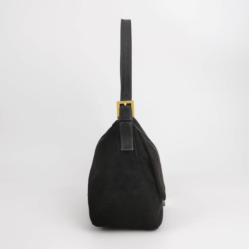 Fendi Mamma Baguette Black Suede Leather Red Buckle