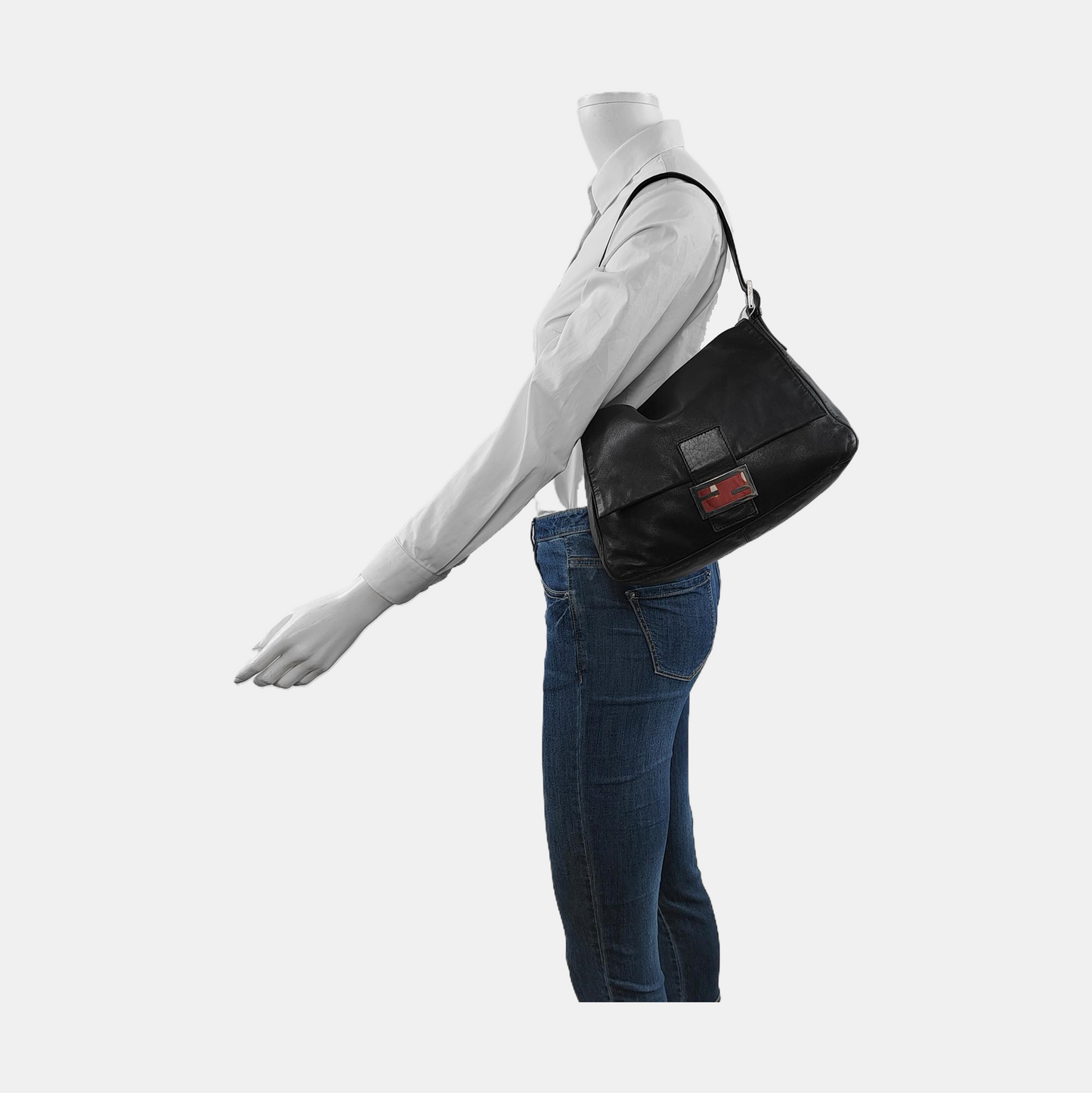 Fendi Mamma Baguette Black Lambskin Leather Red Enamel Buckle