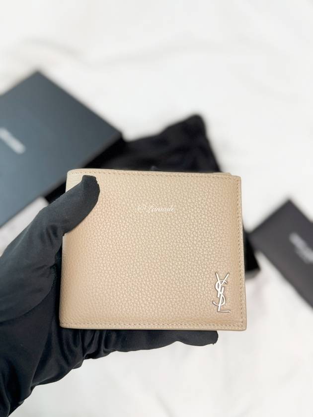 Luxury Saint Laurent Trending 2026 Tiny Cassandre Logo Plaque Half Wallet Beige