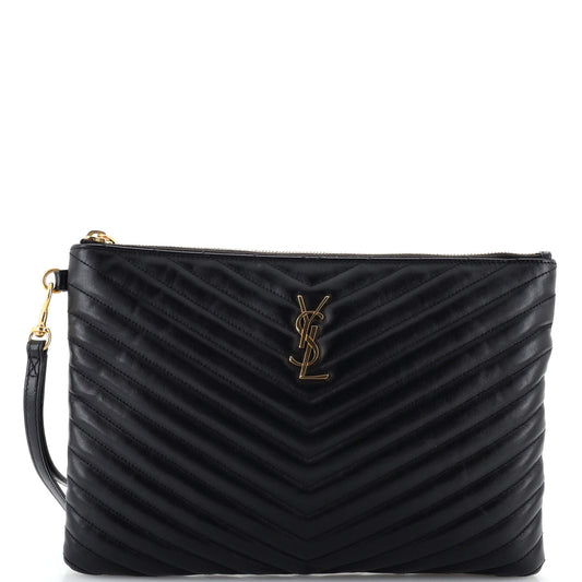 Luxury Saint Laurent Trending 2025 Classic Monogram Wristlet Pouch Matelasse Chevron Leather Medium