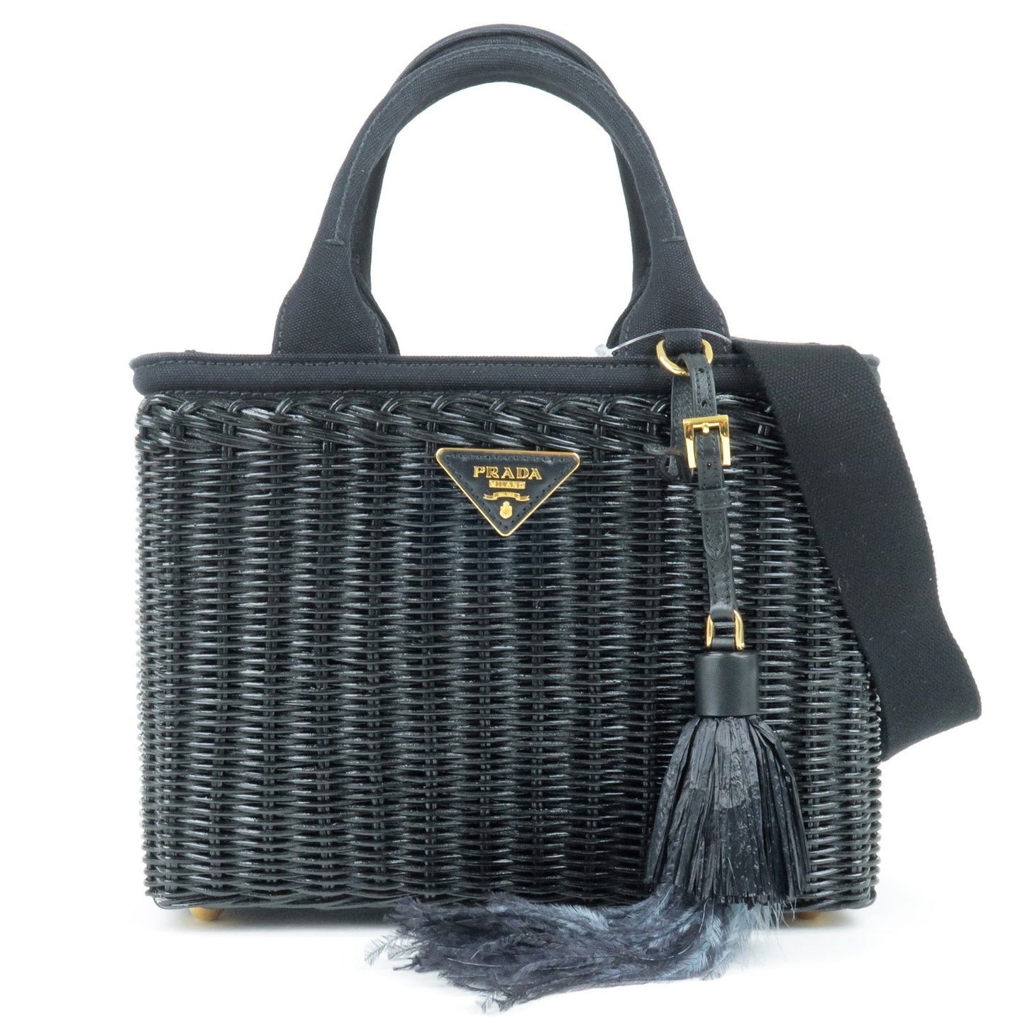 PRADA Wicker Canvas 2Way Basket Bag Hand Bag Nero Black