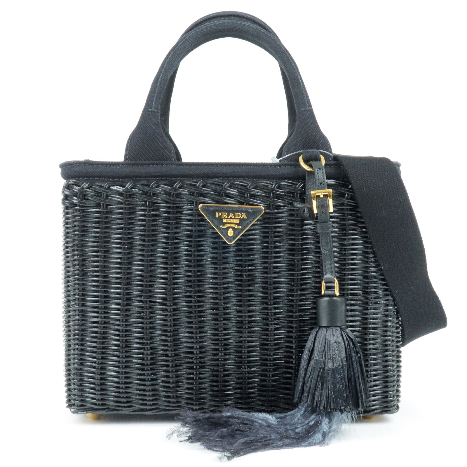 PRADA Wicker Canvas 2Way Basket Bag Hand Bag Nero Black