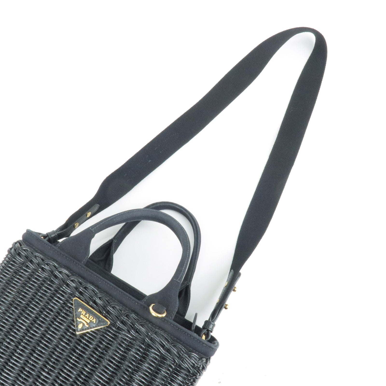 PRADA Wicker Canvas 2Way Basket Bag Hand Bag Nero Black