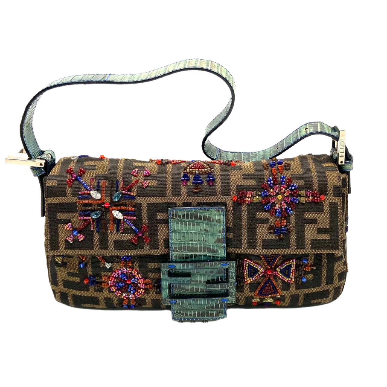 Fendi Baguette Zucca Monogram with Beaded Floral Embroidery