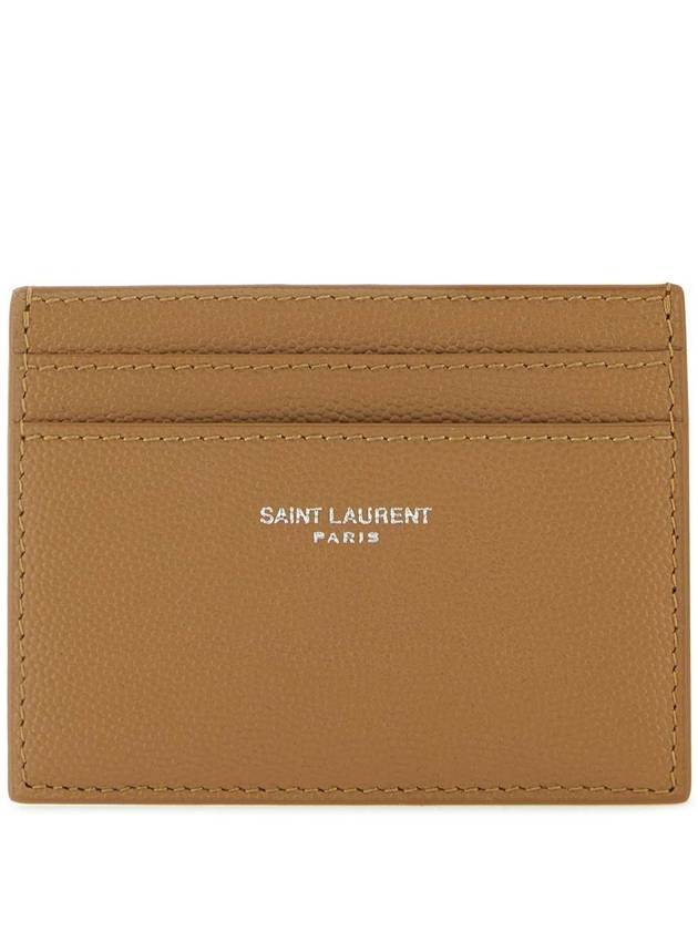 Luxury Saint Laurent Trending 2026 Logo Detail Calfskin Card Wallet Teakwood