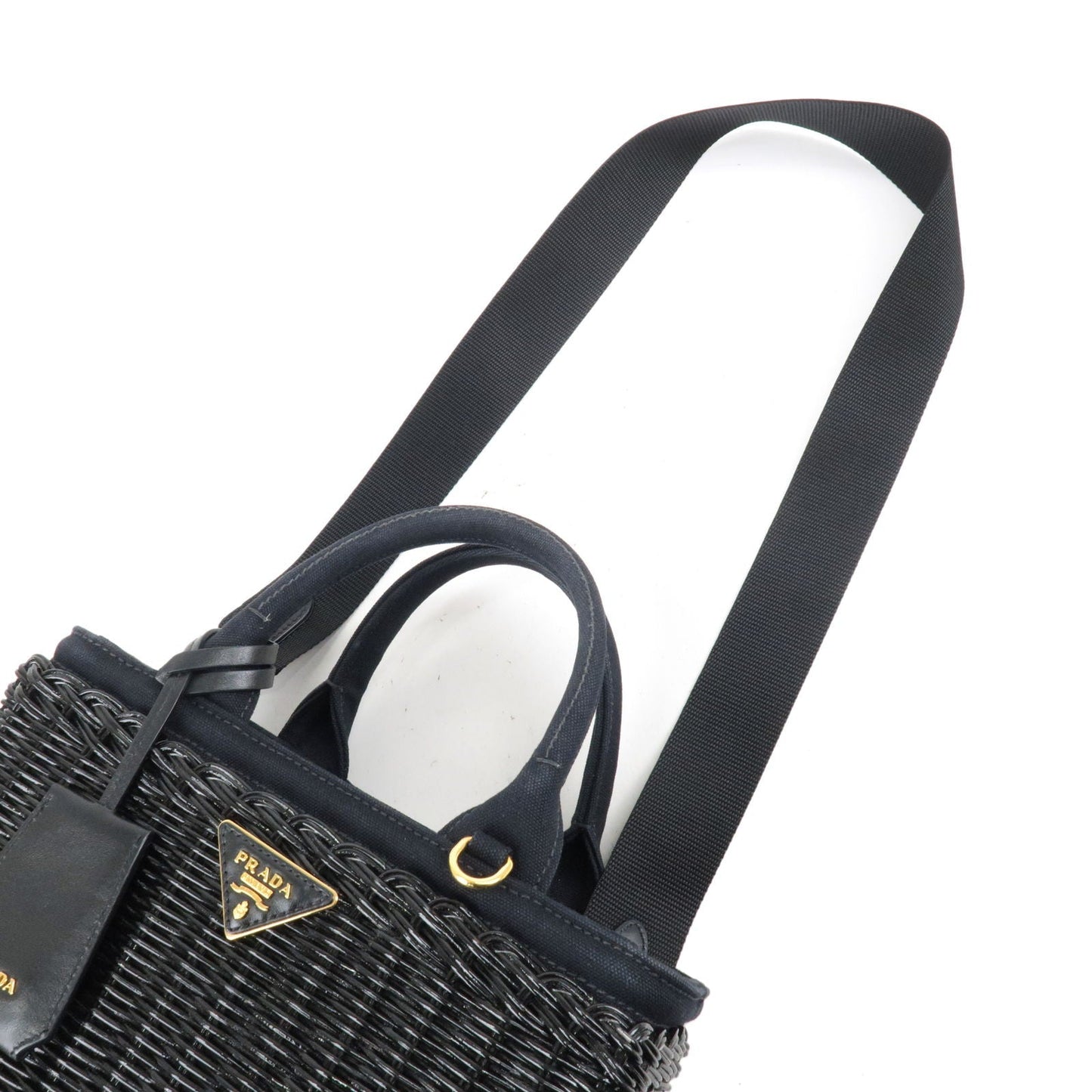 PRADA Wicker Canvas 2Way Basket Bag Hand Bag Black