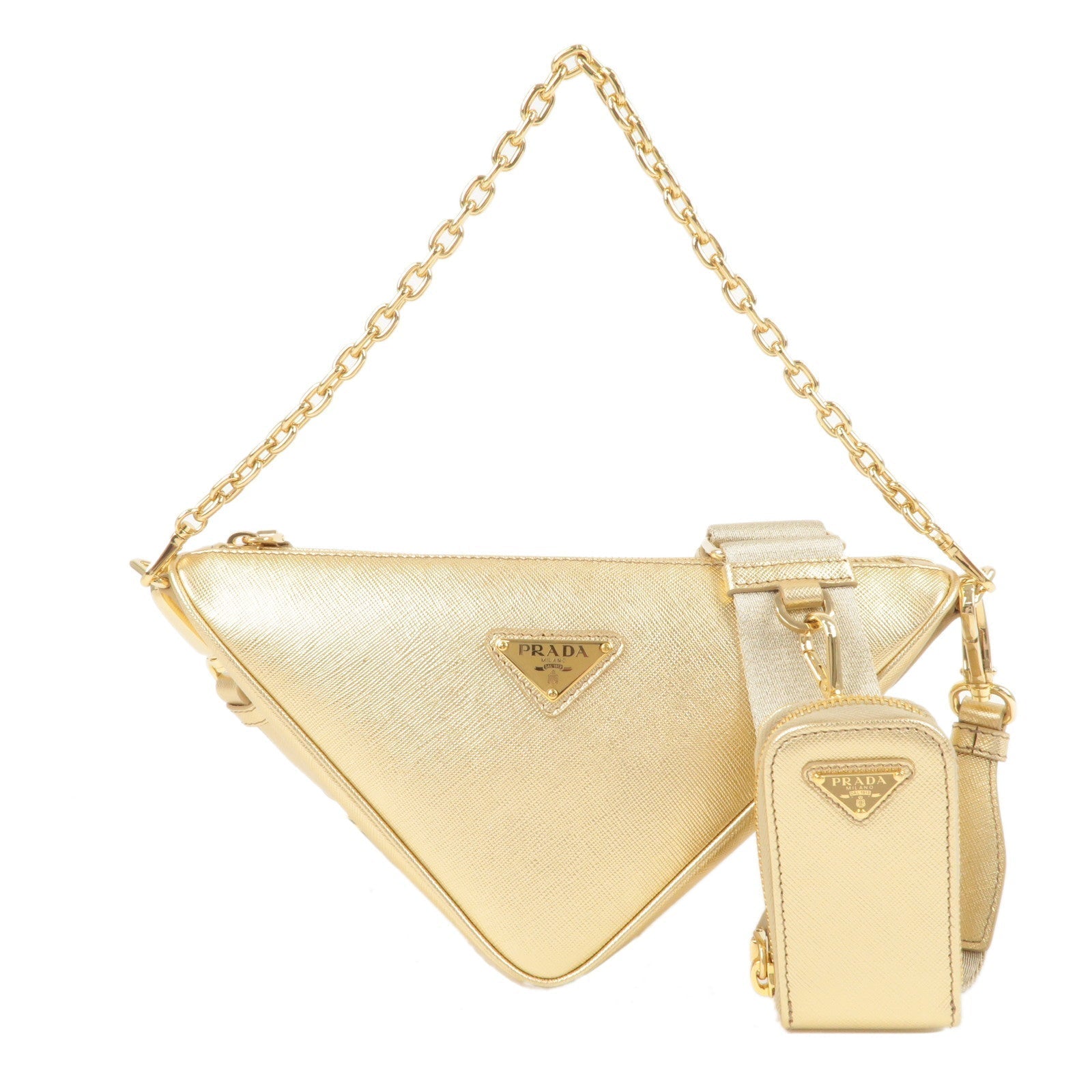 PRADA Triangle Leather Chain Shoulder Bag Gold