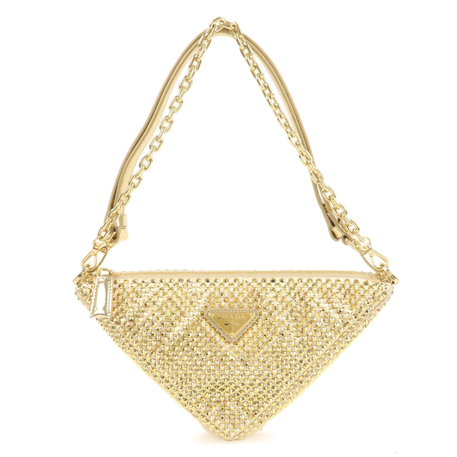 PRADA Triangle Leather Satin Rhine Stone Shoulder Bag Gold