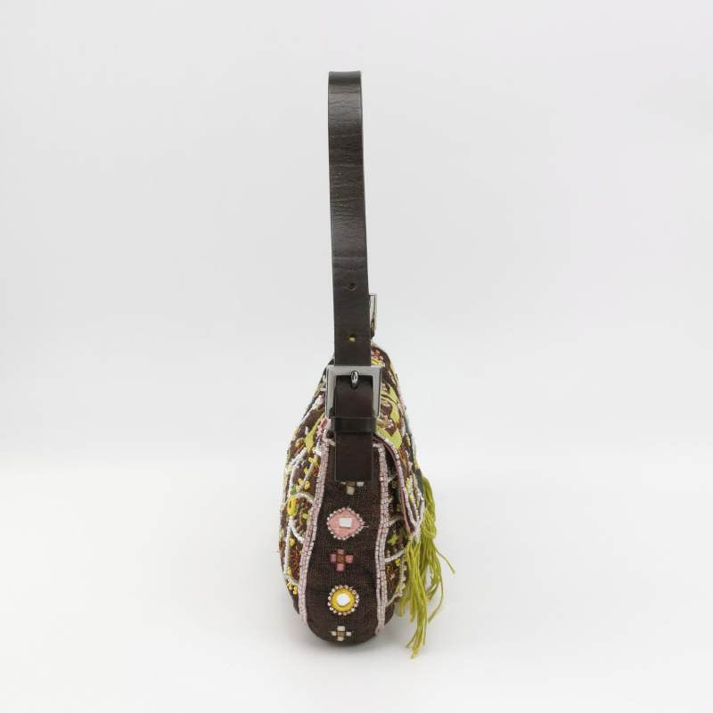 Fendi Baguette   Brown Canvas with embroidery sequins mirrors and tassels