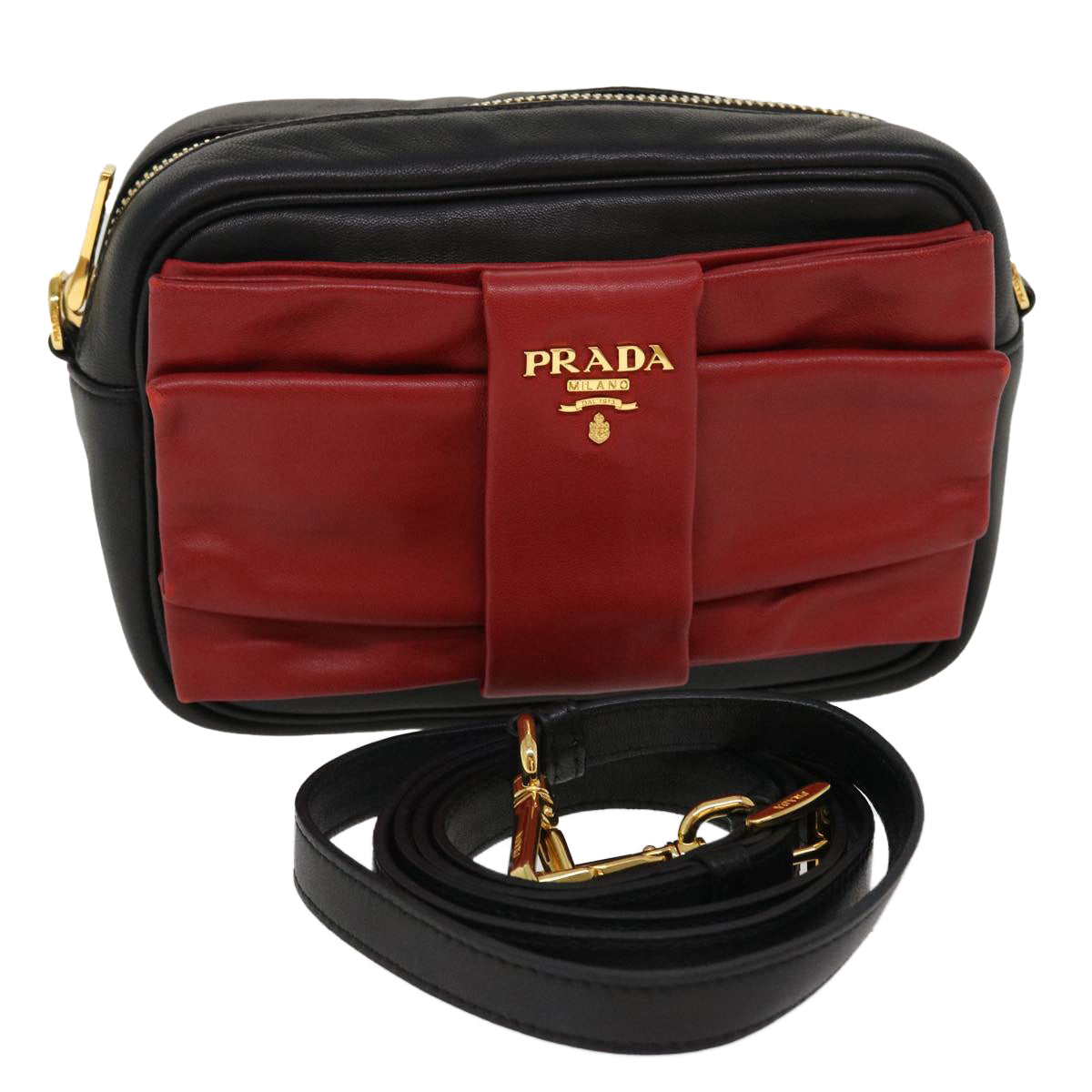 Prada Ribbon Shoulder Bag Leather Red Black