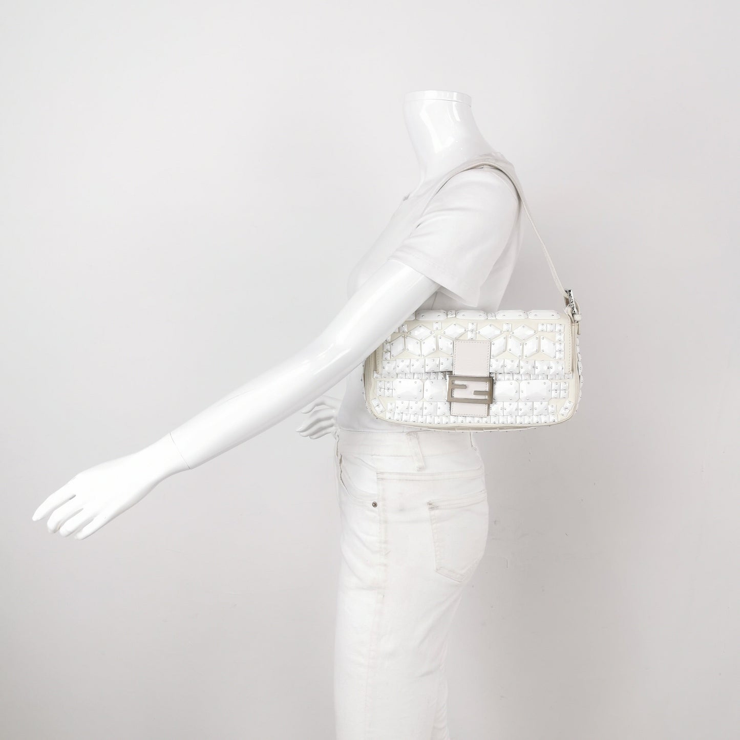FENDI Baguette 1997 White Leather and Stones Zucca Interior Shoulder Bag