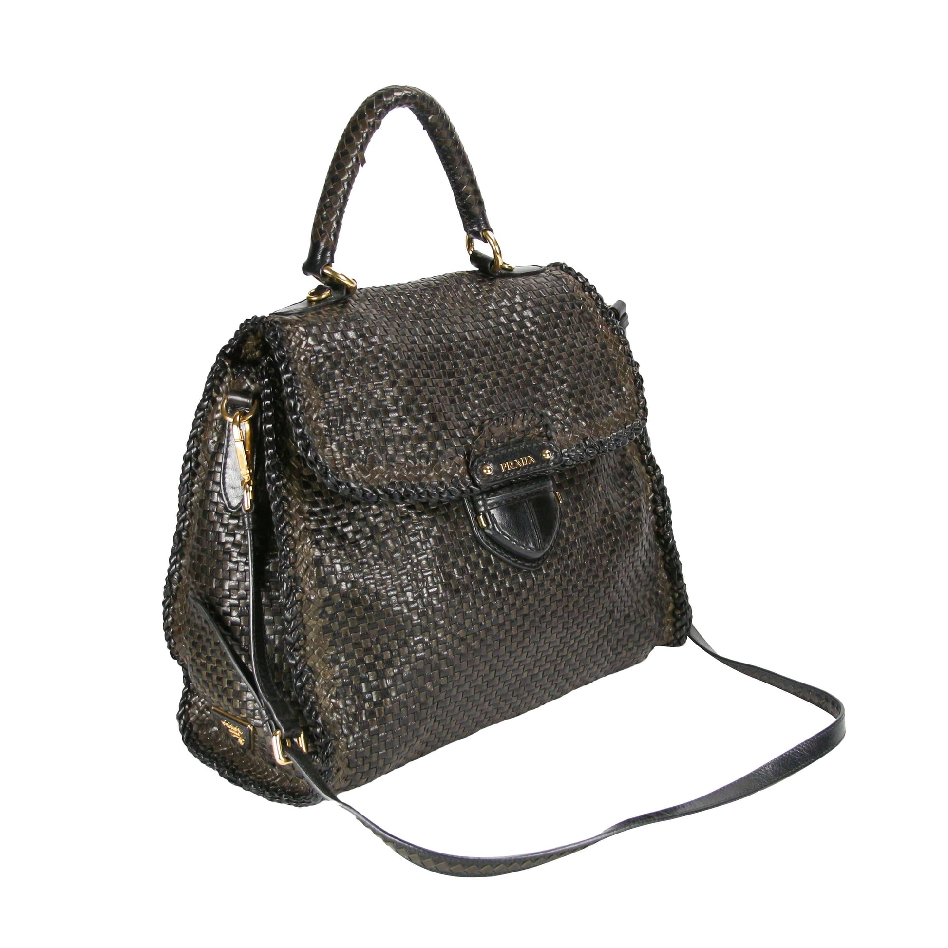 Prada Madras Woven Black/Khaki Goatskin Luxury Handbag