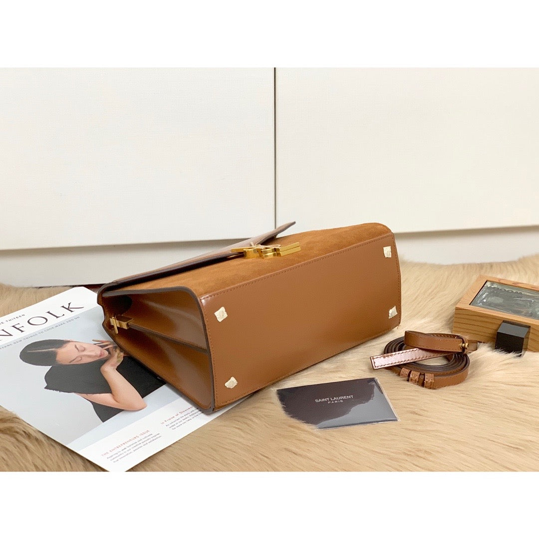 Yves Saint Laurent Cassandra Medium Top Handle Bag In Box And Velvet Brown.6in/.5cm