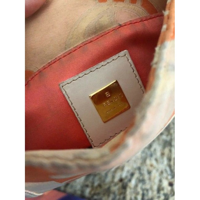 Limited Edition, Fendi abstract orange & pink print silk & leather double flap top baguette