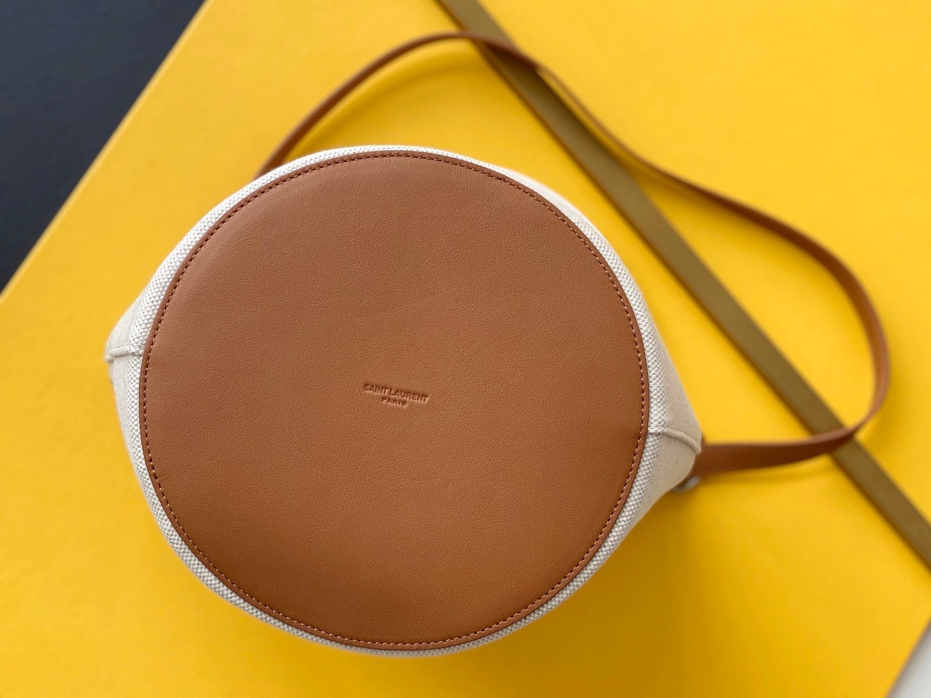 Yves Saint Laurent Rive Gauche Bucket Bag In Linen With Brown Strap