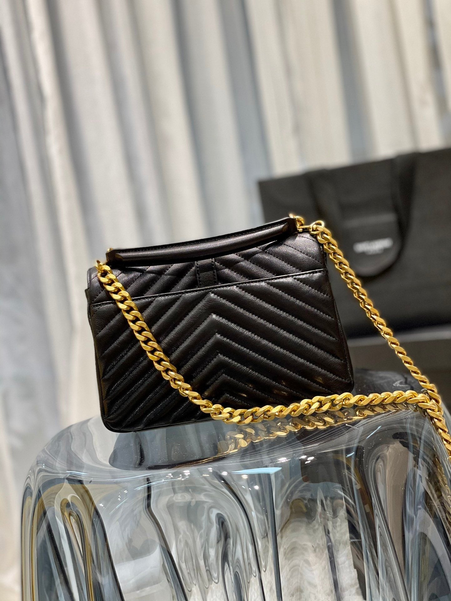 Yves Saint Laurent College Medium Chain Bag Black Gold Toned Hardware.4in/