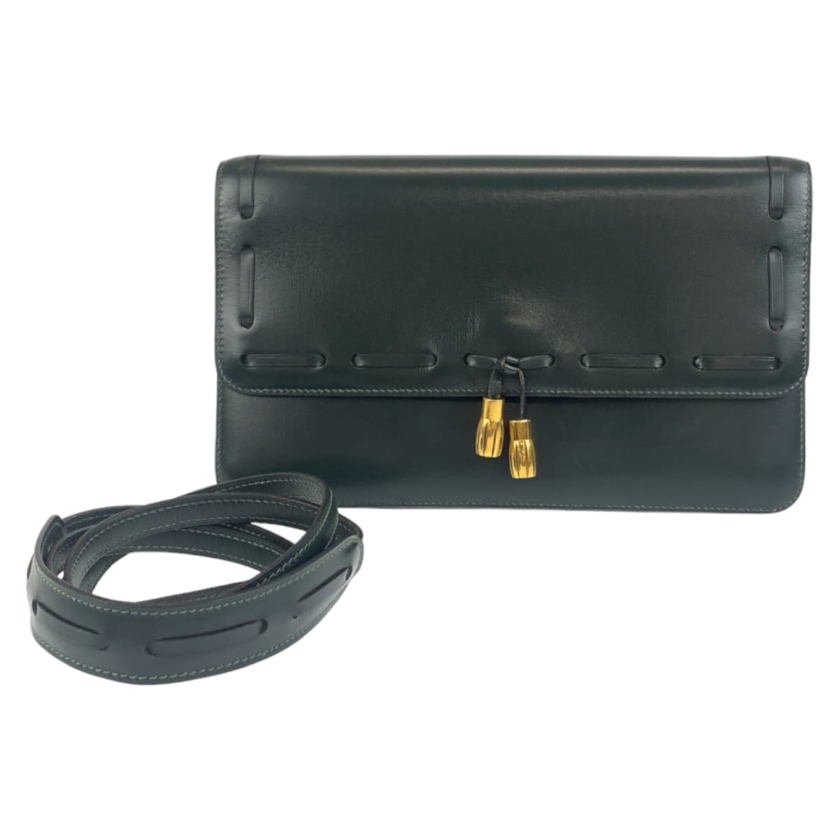 HERMES Shoulder Bag Box scarf Green GoldMetal Tassel