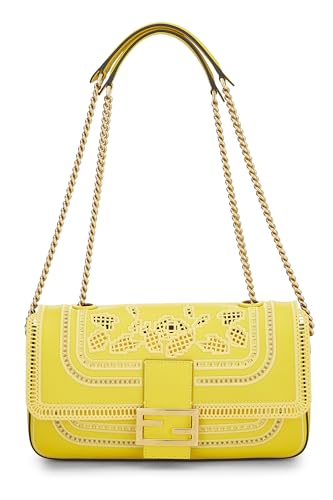 Fendi, Yellow Leather Embroidered Baguette Chain Medium, Yellow