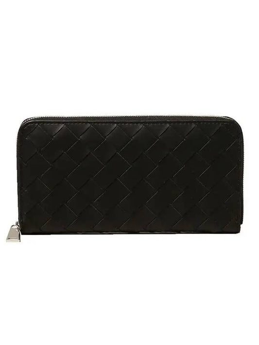Luxury Bottega Veneta Interciato Leather Zipper Around Long Wallet Black