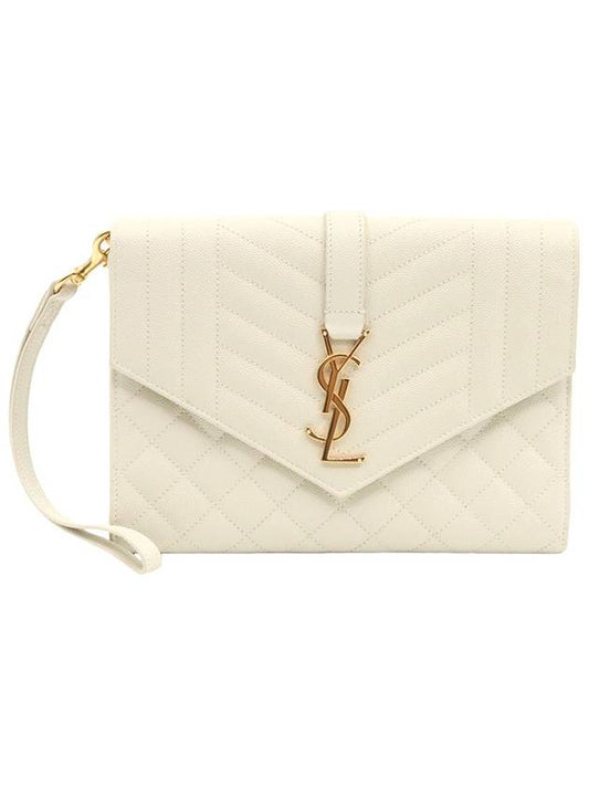 Luxury Saint Laurent Trending 2026 Blanc Vintage White Grande Poudre Embossed Gold Monogram Envelope Strap Clutch