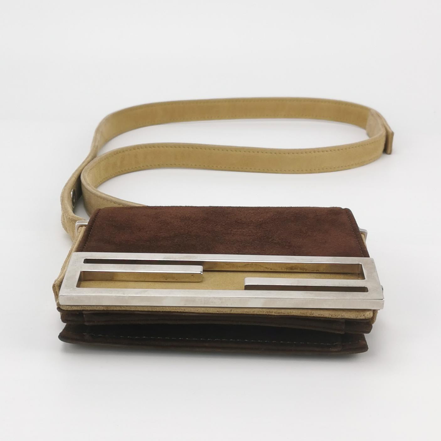 Fendi   Mini Bicolor Brown Suede Front Buckle Crossbody Bag
