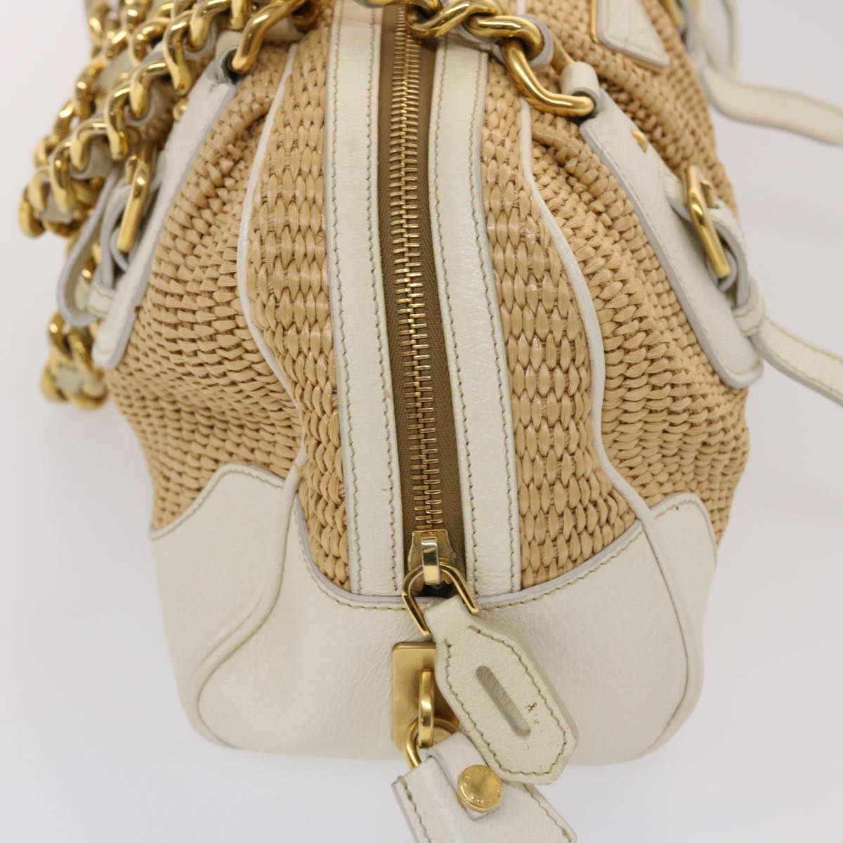 PRADA Chain Hand Bag Straw Leather White Auth