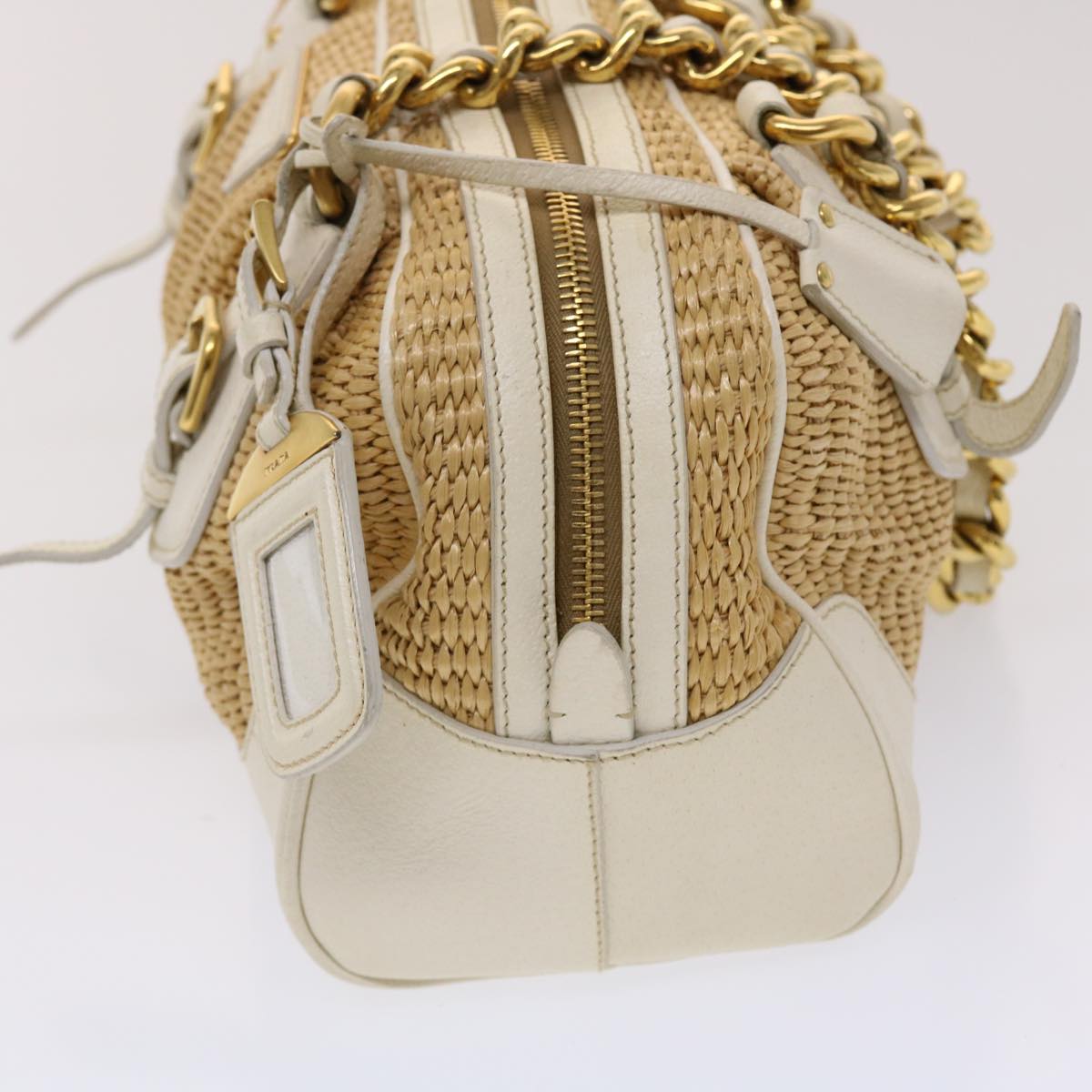 PRADA Chain Hand Bag Straw Leather White Auth