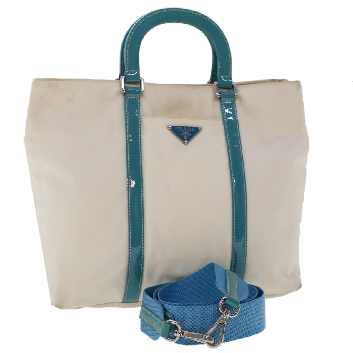 Prada Hand Bag Nylon 2way White Turquoise Blue