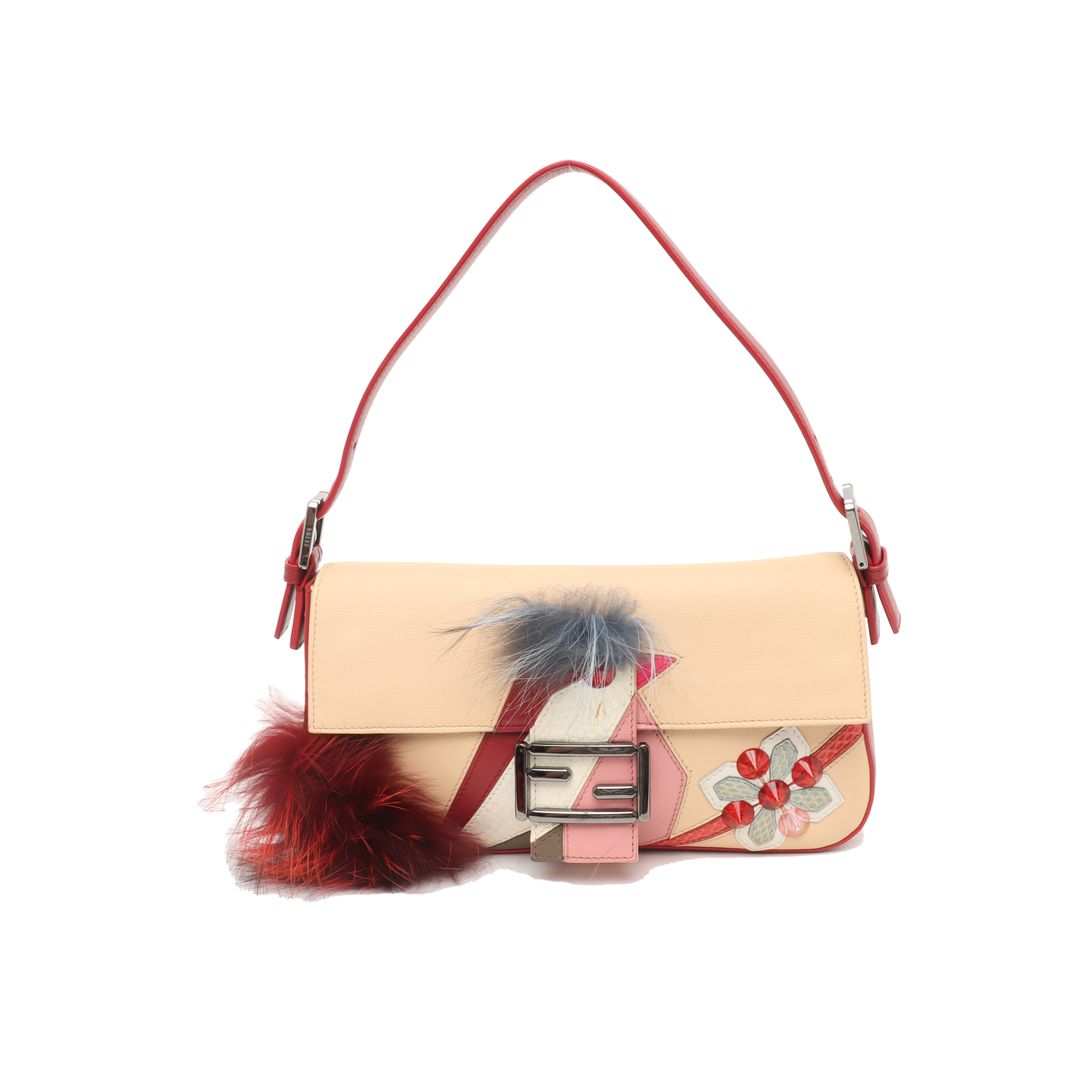 Fendi Baguette 1997 Re-edition Bird Motif Fur Leather Beige Shoulder bag