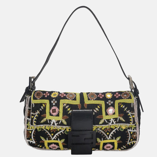 Fendi Baguette   Brown Canvas with embroidery sequins mirrors and tassels